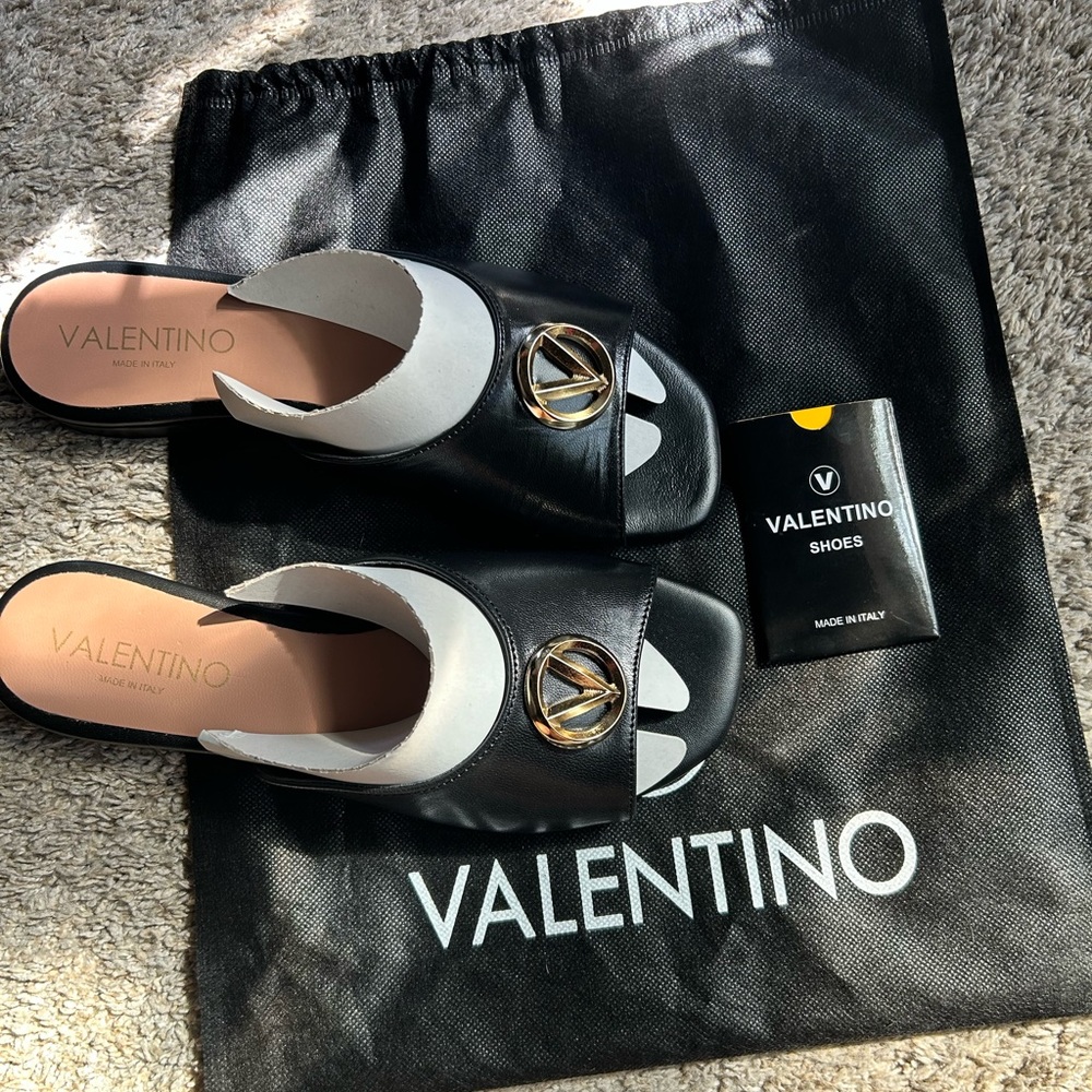 Valentino Black and Gold Sandals with Iconic Emblem